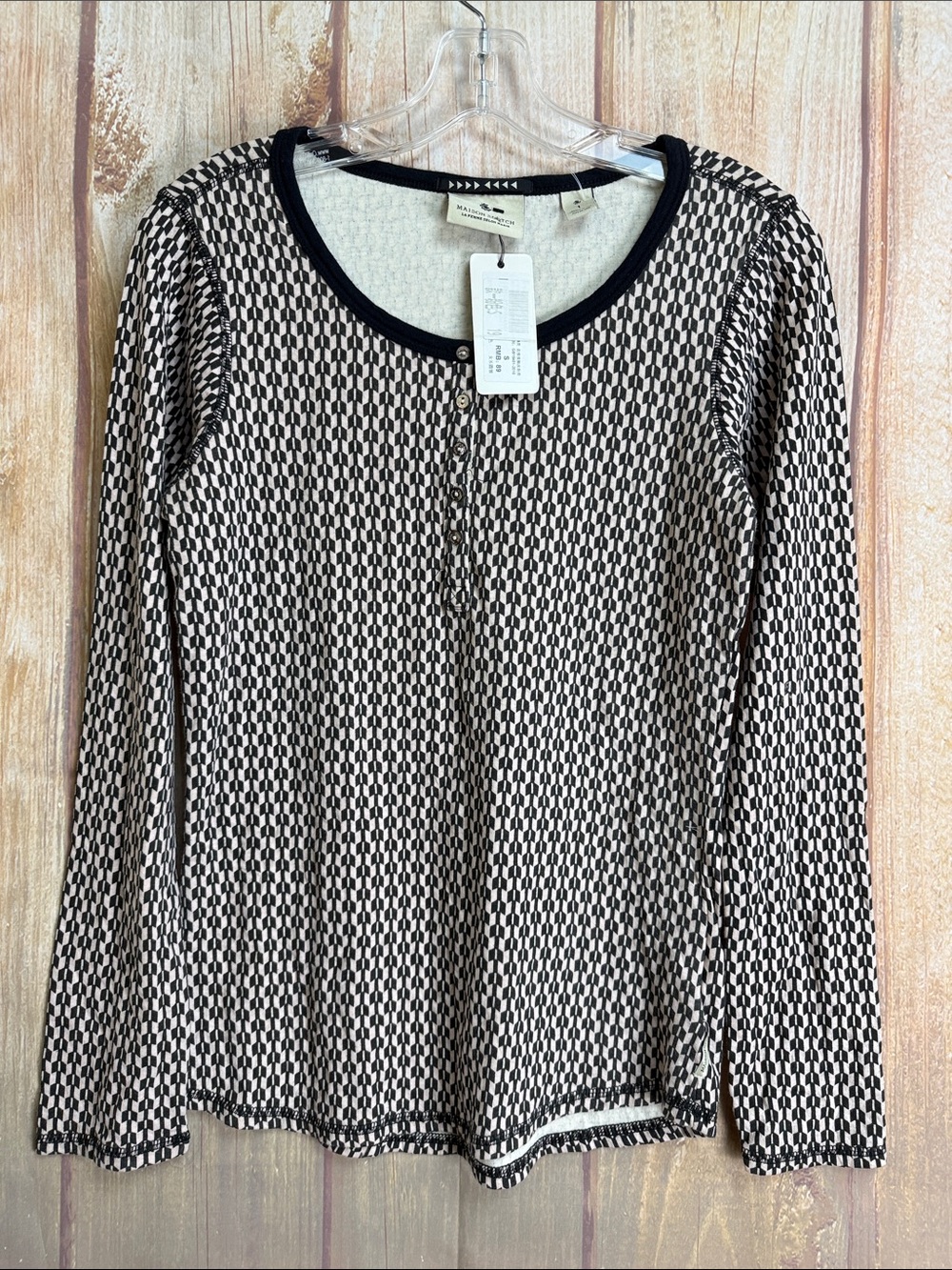 NWT Madison Scotch Long Sleeve Black & Cream Patterned Women's Henley Size 1(S)